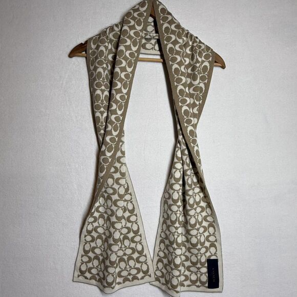 Coach Signature Logo Knit Scarf Beige Ivory Wool Blend Winter Wrap 66x10 - Picture 1 of 4